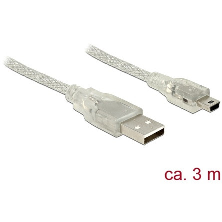 Delock USB-A 2.0 -> USB-B 2.0 mini M/M adatkábel 3m átlátszó