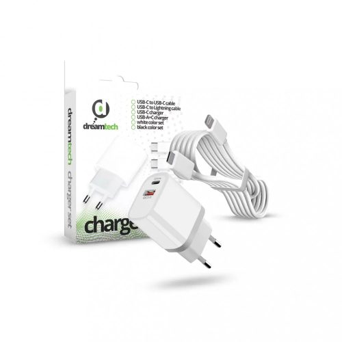 Dreamtech PD Charger Set USB-C+A 20W+QC3.0-s adapterrel és USB-C / Lightning kábellel FEHÉR