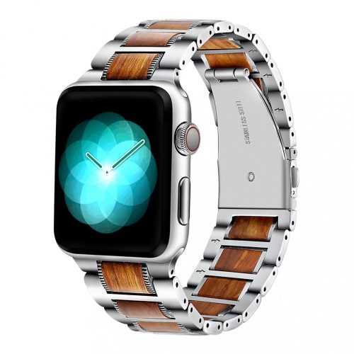 XPRO Apple Watch rozsdamentes acél fa berakással szíj Ezüst / Barna 42mm/44mm/45mm/49mm