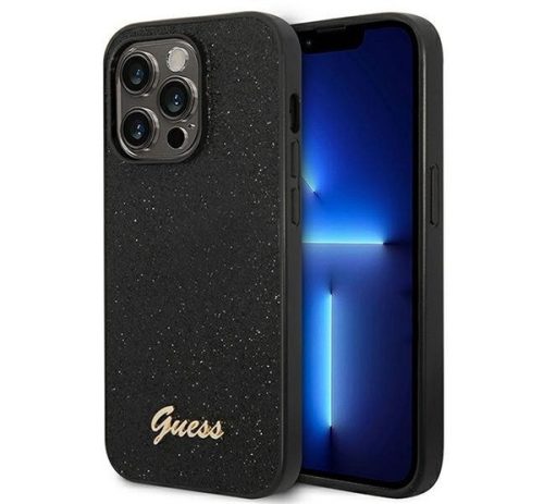 Guess Glitter Flakes Metal Logo Apple iPhone 14 Pro Max hátlap tok, fekete