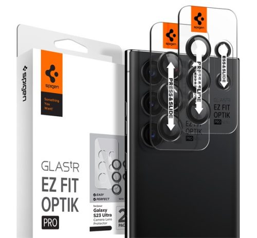 Spigen Ez Fit Optik Samsung Galaxy S23 Ultra Tempered kamera lencse fólia, fekete (2db)