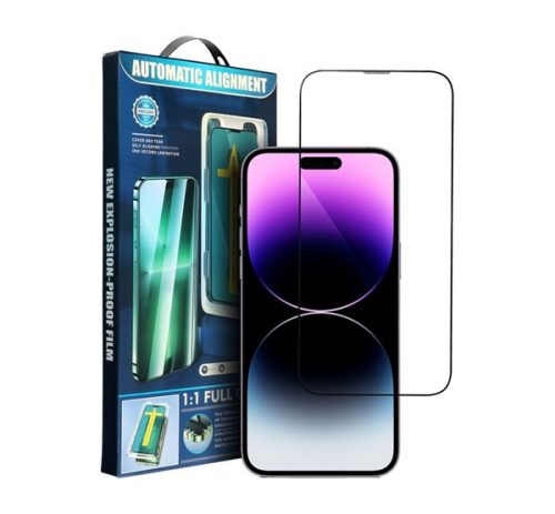 Apple iPhone 15 Pro, 5D Full Glue hajlított tempered glass kijelzővédő üvegfólia felhelyezőkerettel, fekete