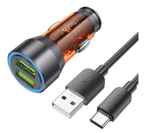 Hoco NZ12 autós szivargyújtó töltő 2xUSB QC3.0 18W + USB  Type-C, átlátszó-narancssárga