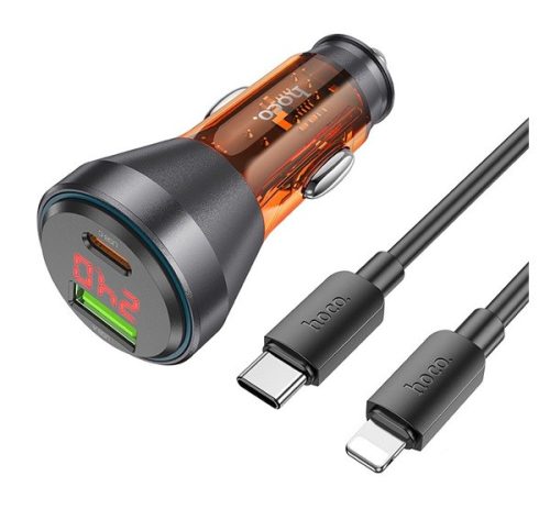 Hoco NZ12B autós töltő USB QC 18W + Type-C 30W, digitális kijelzővel + Type-C  kábellel, átlátszó / narancssárga