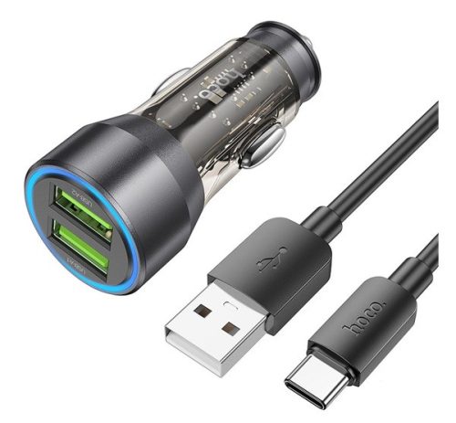 Hoco NZ12 autós szivargyújtó töltő 2xUSB QC3.0 + Type-C kábel, 18W, átlátszó-fekete