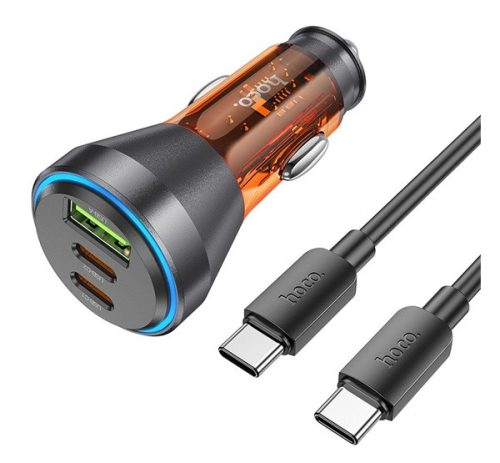 Hoco NZ12D autós szivargyújtó töltő USB QC 18W + 2xType-C, 30W, + Type-C -Type-C kábel (PD60W), átlátszó-narancssárga