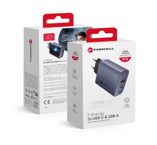 Forcell hálózati gyorstöltő 2xType-C + USB, PD + QC 4.0, 4A, 65W, kék