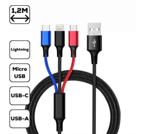 3-in-1 töltőkábel,micro USB / Type-C / Lightning,1.2 m